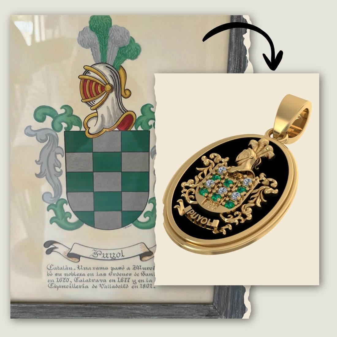 Custom black enamel family crest pendant, gold coat of arms jewelry, handcrafted heritage necklace