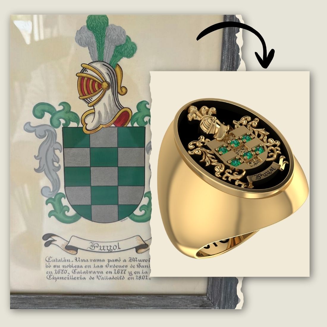 Custom black enamel family crest signet ring, gold coat of arms jewelry, handcrafted heritage ring