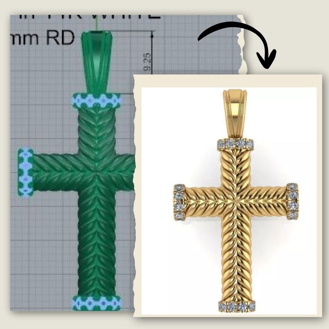 Custom Cable Diamond Cross Ring CAD Design, create your own custom jewelry