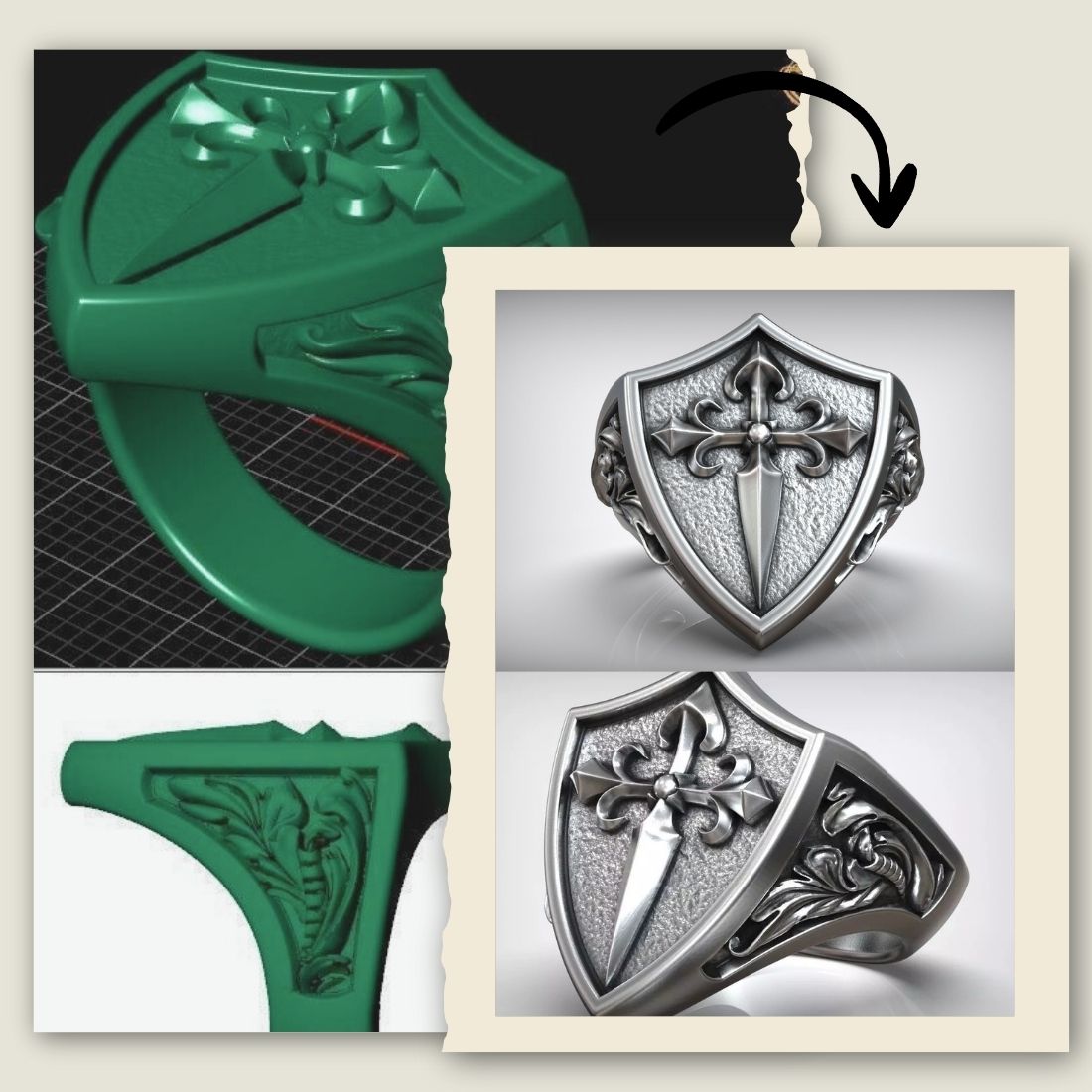 Christian signet ring with engraved cross on bold shield design handcrafted in USA