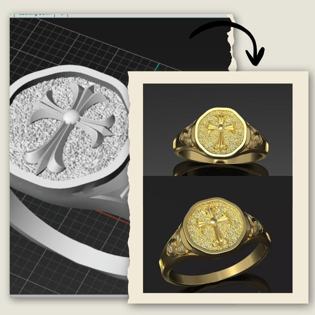 Custom made Cross Signet Ring with Diamond Trinity Accent in 14k Gold – Custom Christian Jewelry