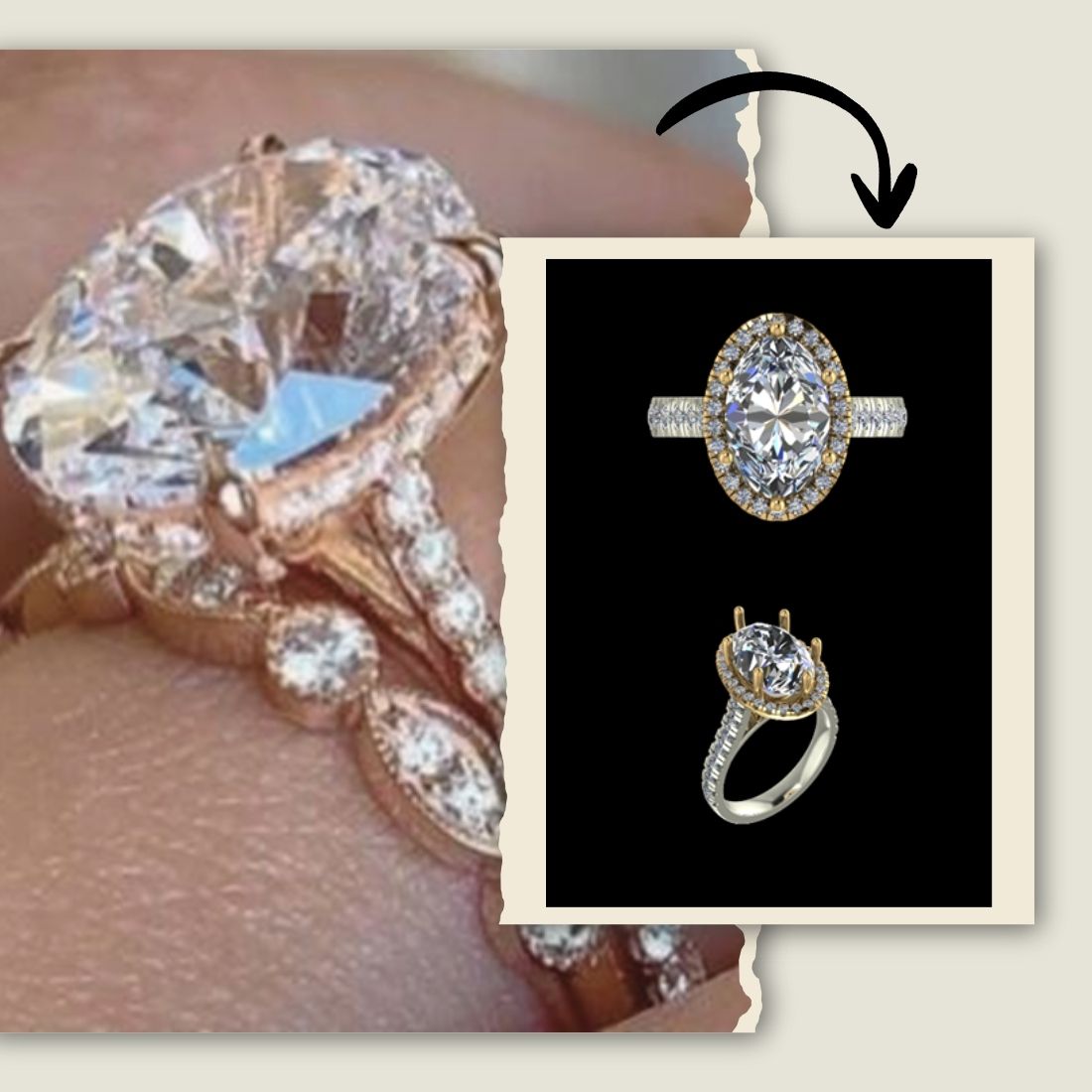 Close-up of a diamond ring on a finger with inset images of two other diamond rings, custom diamond ring, handrafted in the USA.