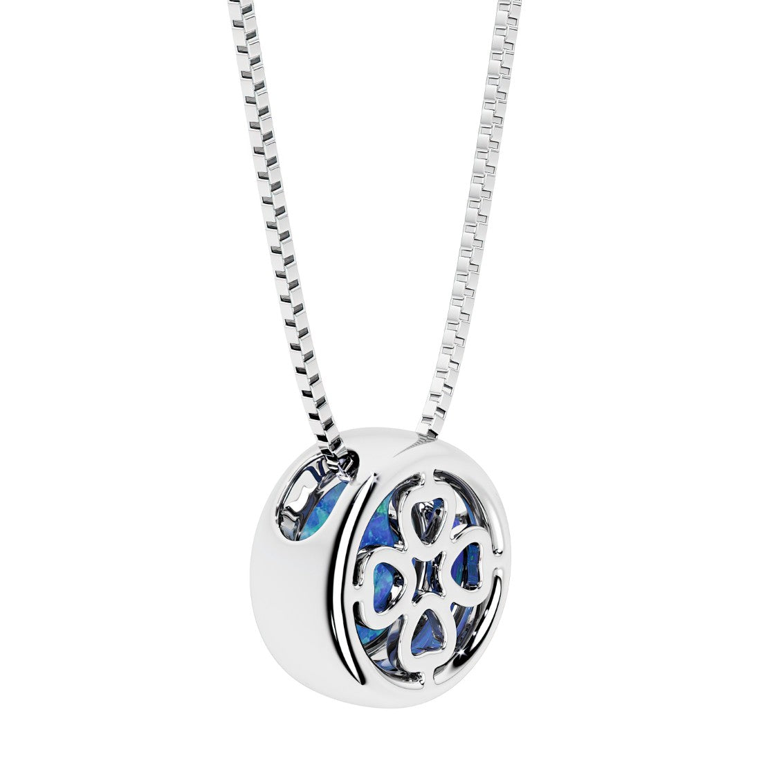 Blue Opal round solitaire bezel necklace in 14k white gold with custom back gallery US-made by Pel & Co personalized jewelry