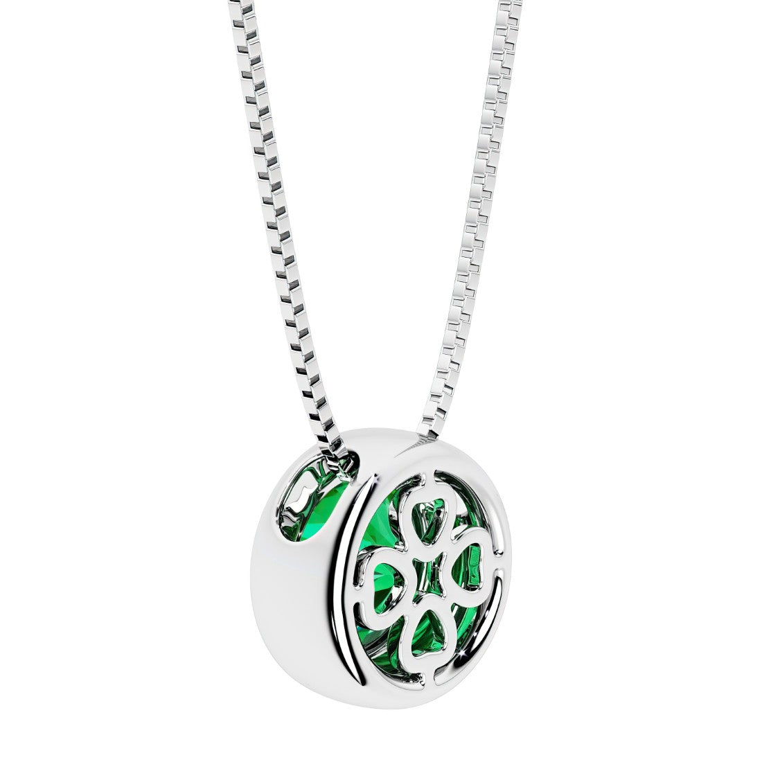 Green colombian emerald round solitaire bezel necklace in 14k white gold with custom back gallery US-made by Pel & Co personalized jewelry