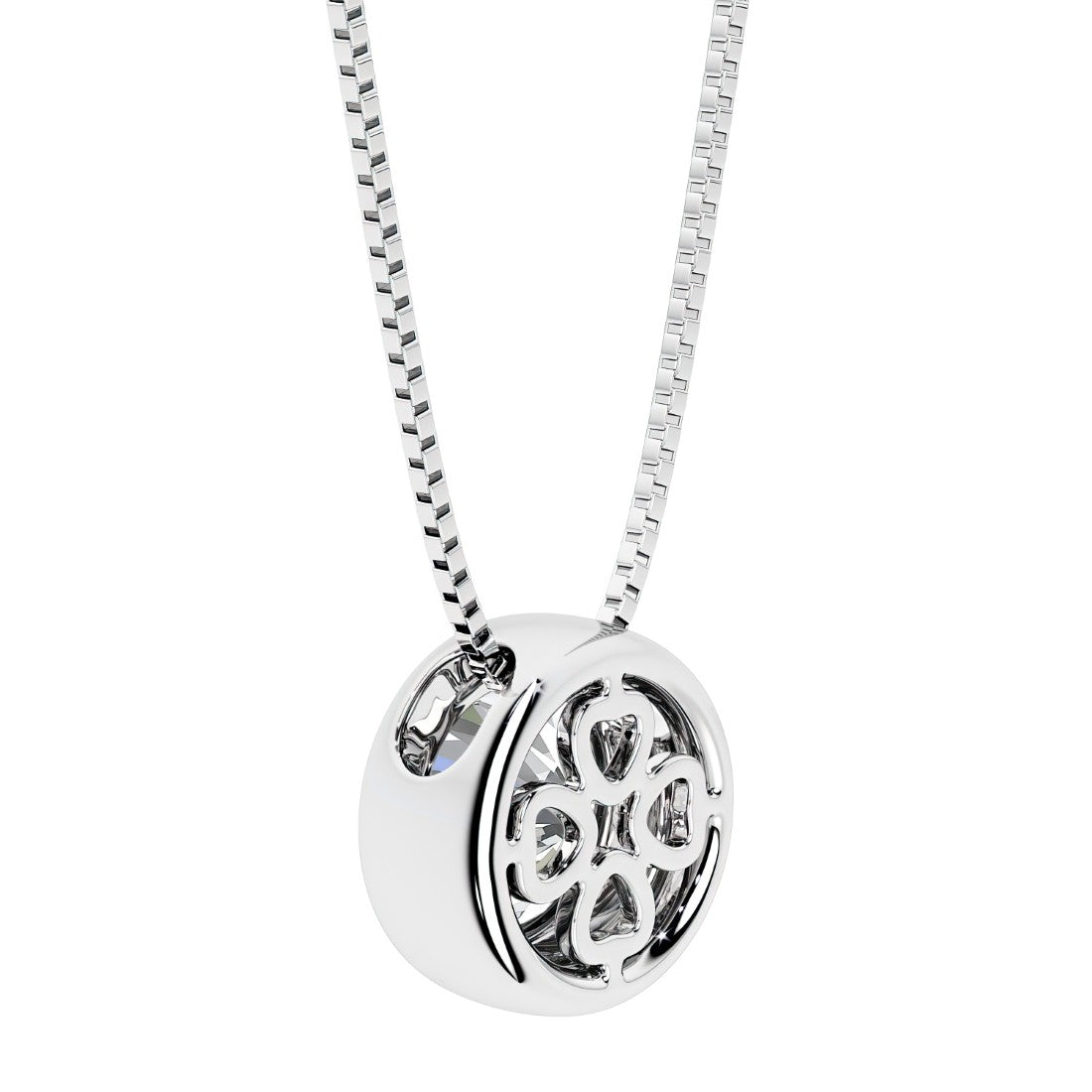 Diamond round solitaire bezel necklace in 14k white gold with custom back gallery US-made by Pel & Co personalized jewelry