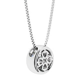 Diamond round solitaire bezel necklace in 14k white gold with custom back gallery US-made by Pel & Co personalized jewelry