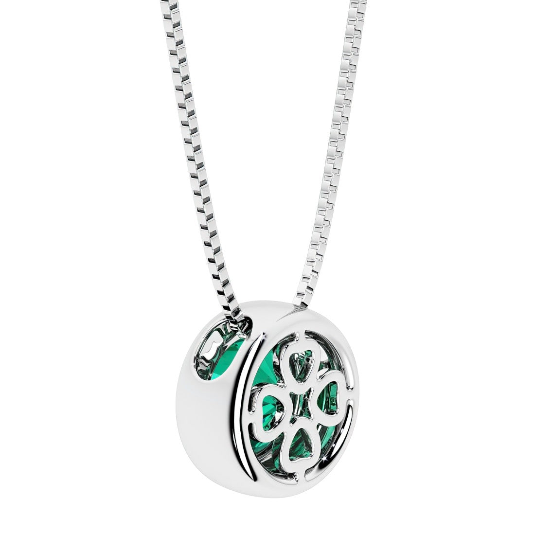 Green emerald round solitaire bezel necklace in 14k white gold with custom back gallery US-made by Pel & Co personalized jewelry
