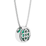 Green emerald round solitaire bezel necklace in 14k white gold with custom back gallery US-made by Pel & Co personalized jewelry