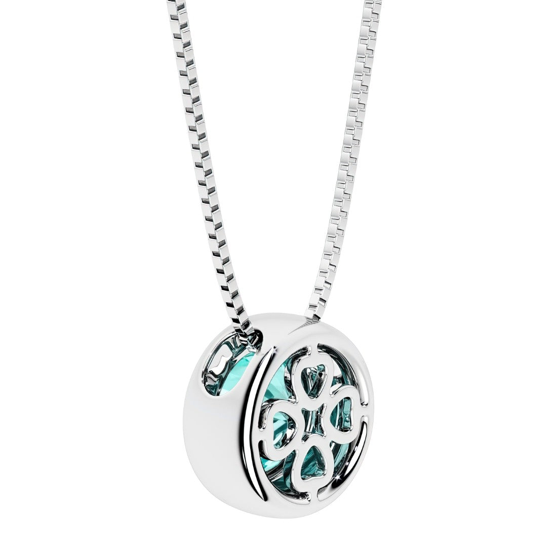 Green paraiba tourmaline round solitaire bezel necklace in 14k white gold with custom back gallery US-made by Pel & Co personalized jewelry