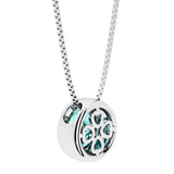 Green paraiba tourmaline round solitaire bezel necklace in 14k white gold with custom back gallery US-made by Pel & Co personalized jewelry