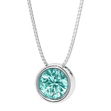 Round paraiba tourmaline bezel set solitaire pendant in 14k white gold for women made in USA by Pel & Co Custom Jewelry