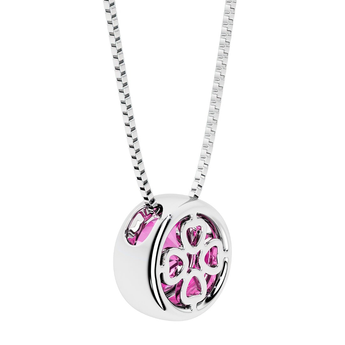 Pink Sapphire round solitaire bezel necklace in 14k white gold with custom back gallery US-made by Pel & Co personalized jewelry