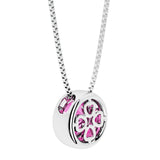 Pink Sapphire round solitaire bezel necklace in 14k white gold with custom back gallery US-made by Pel & Co personalized jewelry