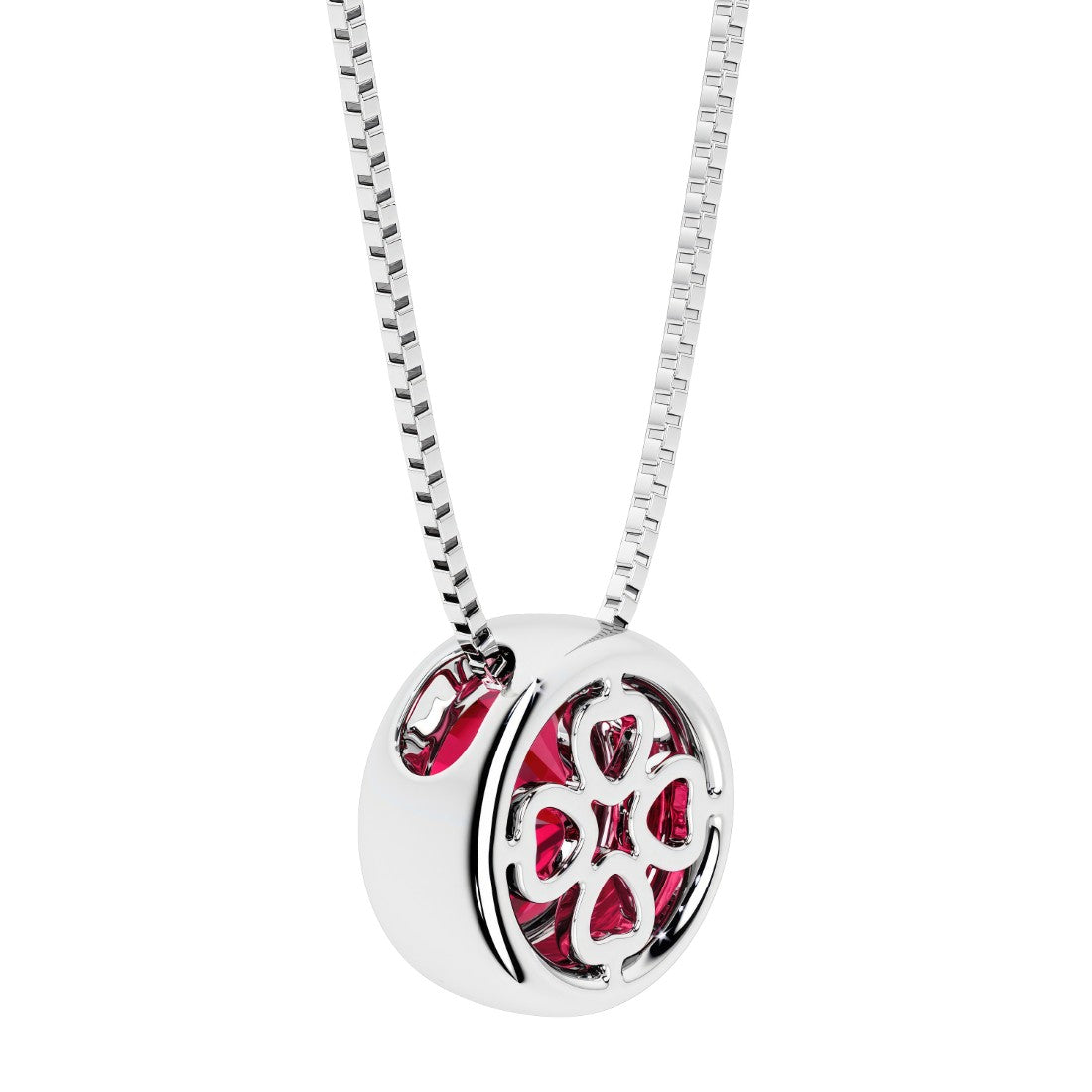 Ruby round solitaire bezel necklace in 14k white gold with custom back gallery US-made by Pel & Co personalized jewelry