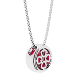 Ruby round solitaire bezel necklace in 14k white gold with custom back gallery US-made by Pel & Co personalized jewelry