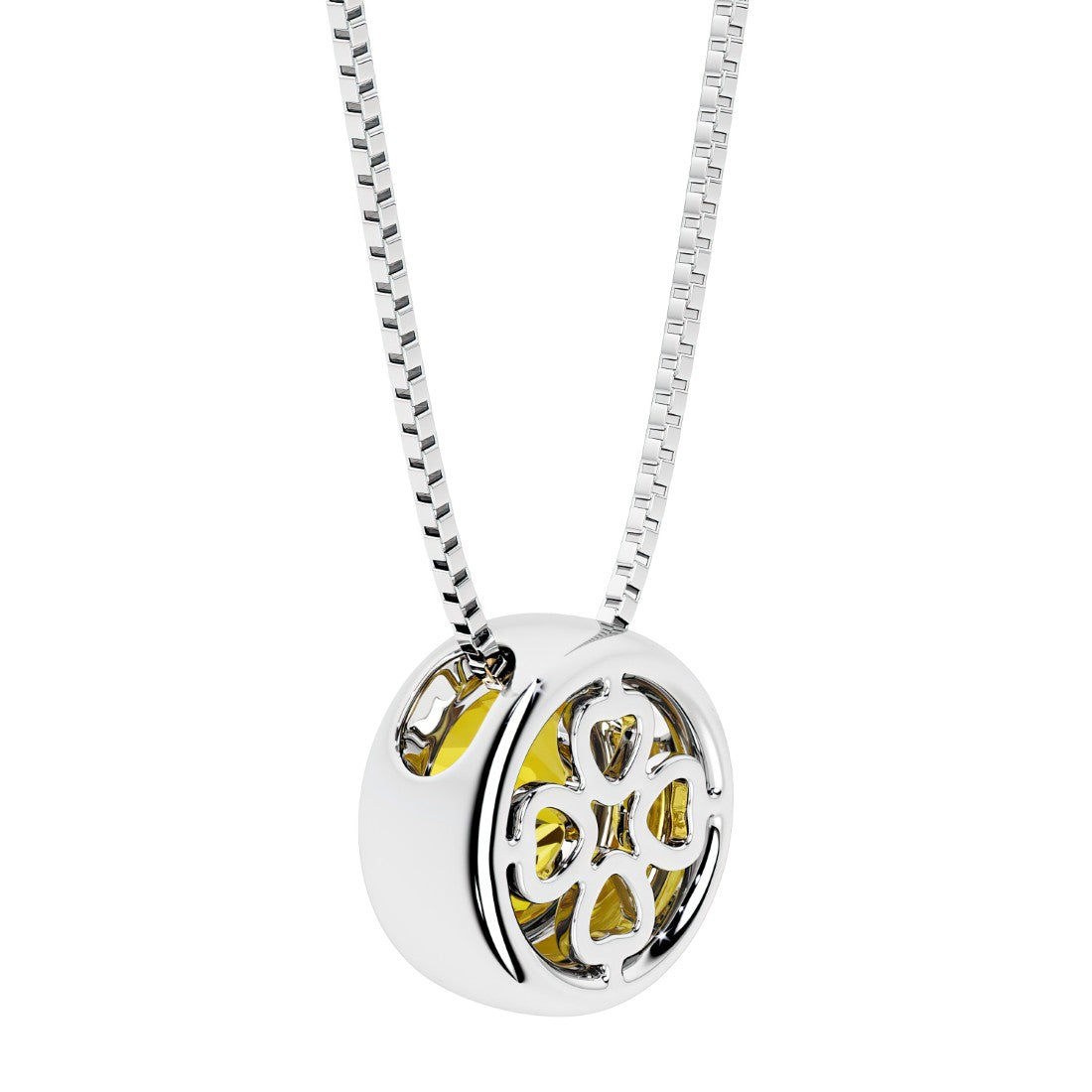 Yellow Sapphire round solitaire bezel necklace in 14k white gold with custom back gallery US-made by Pel & Co personalized jewelry