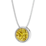 Round Yellow Sapphire bezel set solitaire pendant in 14k white gold for women made in USA by Pel & Co Custom Jewelry
