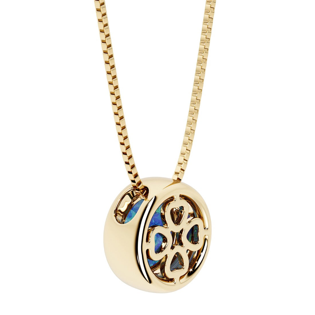 Blue Opal round solitaire bezel necklace in 14k yellow gold with custom back gallery US-made by Pel & Co personalized jewelry