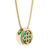 Green colombian emerald round solitaire bezel necklace in 14k yellow gold with custom back gallery US-made by Pel & Co personalized jewelry