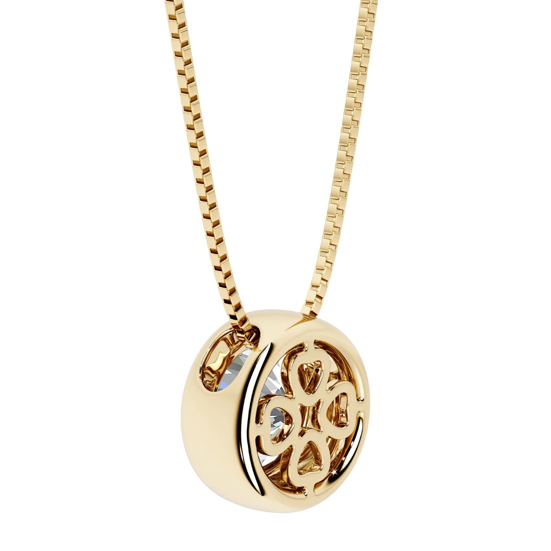 Diamond round solitaire bezel necklace in 14k yellow gold with custom back gallery US-made by Pel & Co personalized jewelry