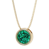 2 Carat Round emerald bezel set solitaire pendant in 14k yellow gold for women made in USA by Pel & Co Custom Emerald Jewelry