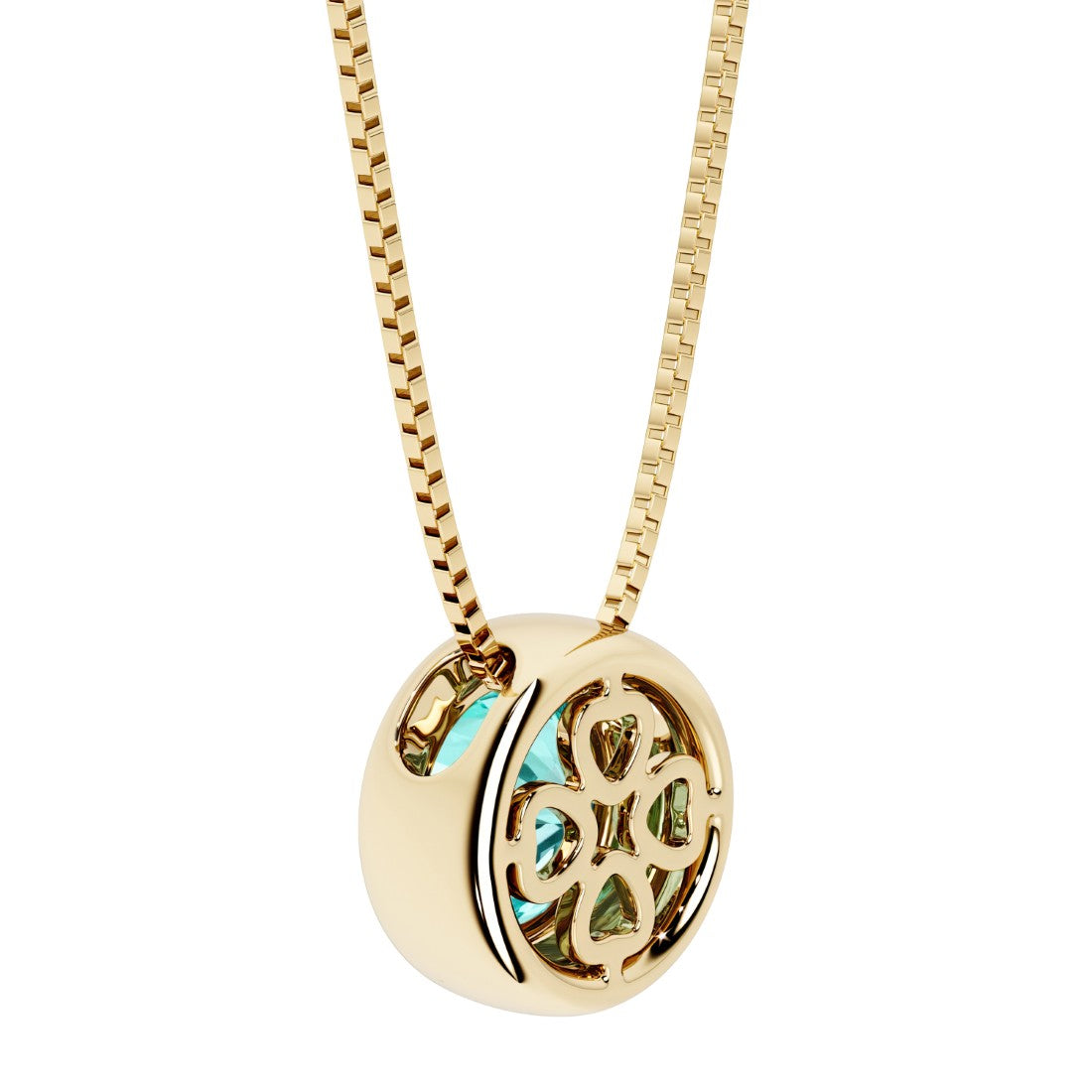 Green paraiba tourmaline round solitaire bezel necklace in 14k yellow gold with custom back gallery US-made by Pel & Co personalized jewelry