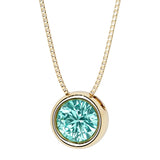 Round paraiba green tourmaline bezel set solitaire pendant in 14k yellow gold for women made in USA by Pel & Co Custom Jewelry