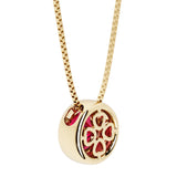 Ruby round solitaire bezel necklace in 14k yellow gold with custom back gallery US-made by Pel & Co personalized jewelry