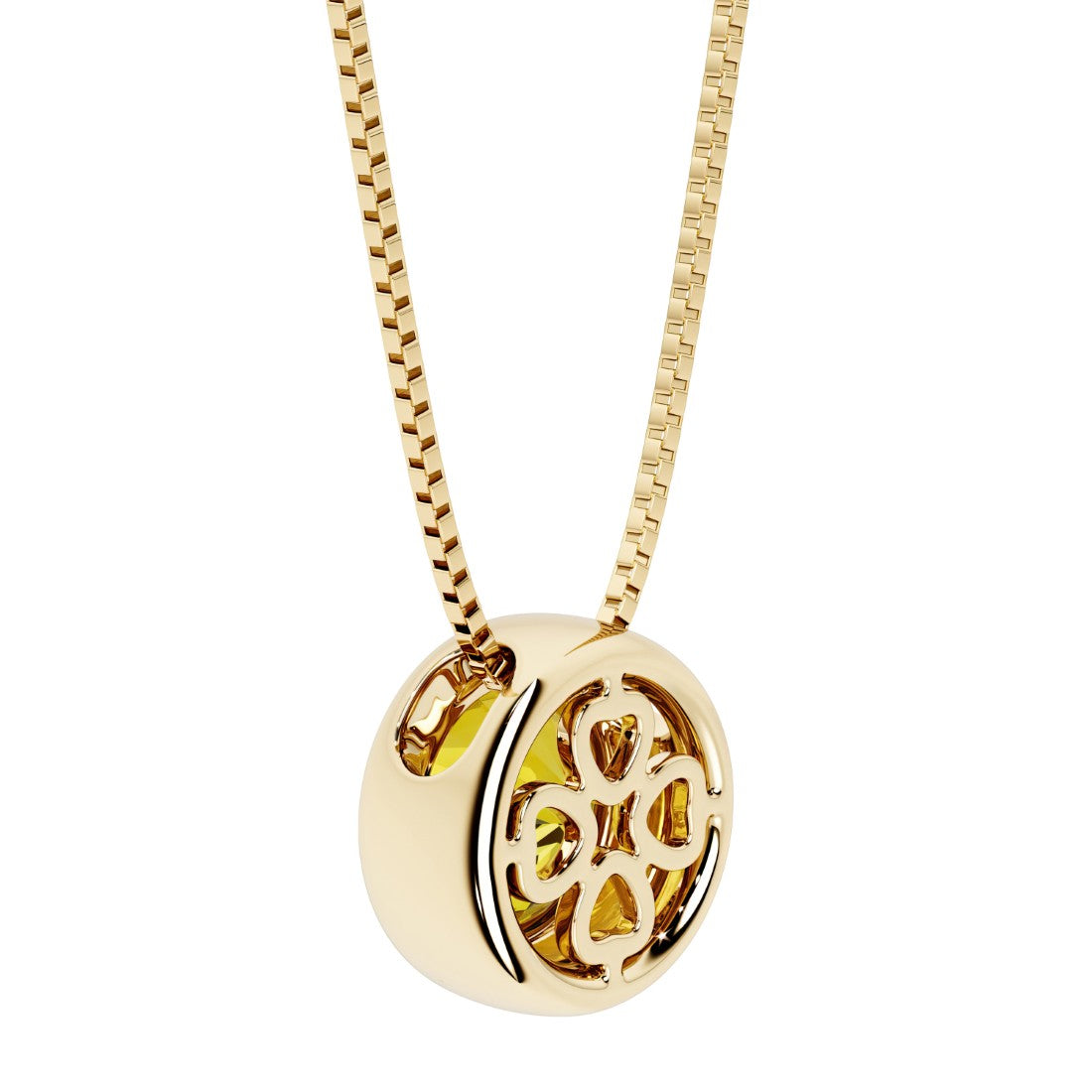 Yellow Sapphire round solitaire bezel necklace in 14k yellow gold with custom back gallery US-made by Pel & Co personalized jewelry