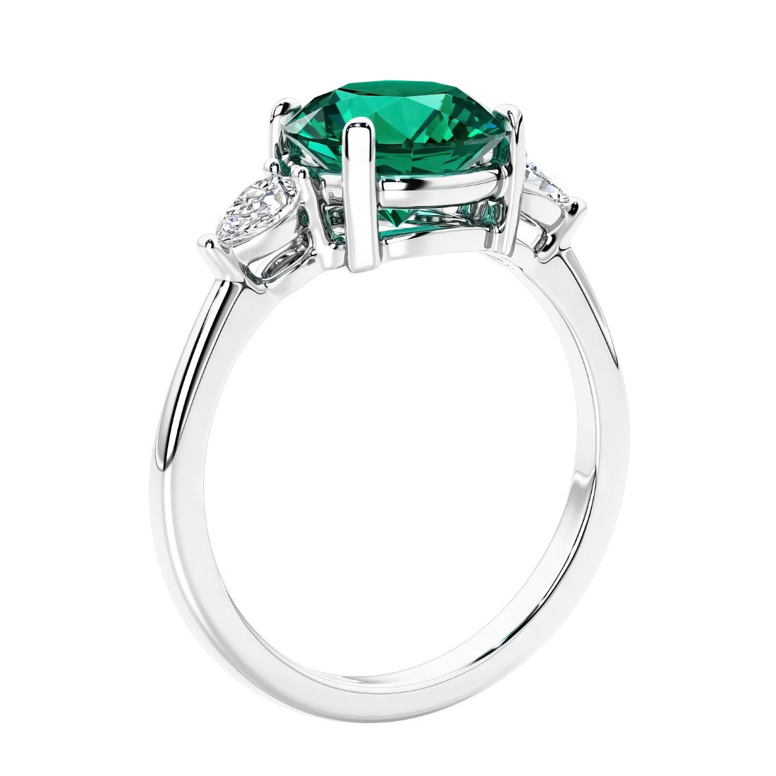 3 stone wedding ring featuring round emerald center diamond and matching sides set in 14k white gold.