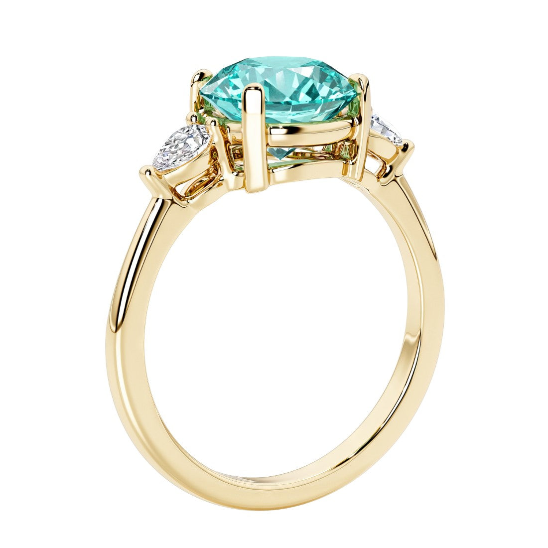 3 stone round diamond ring in classic 14k yellow gold setting.