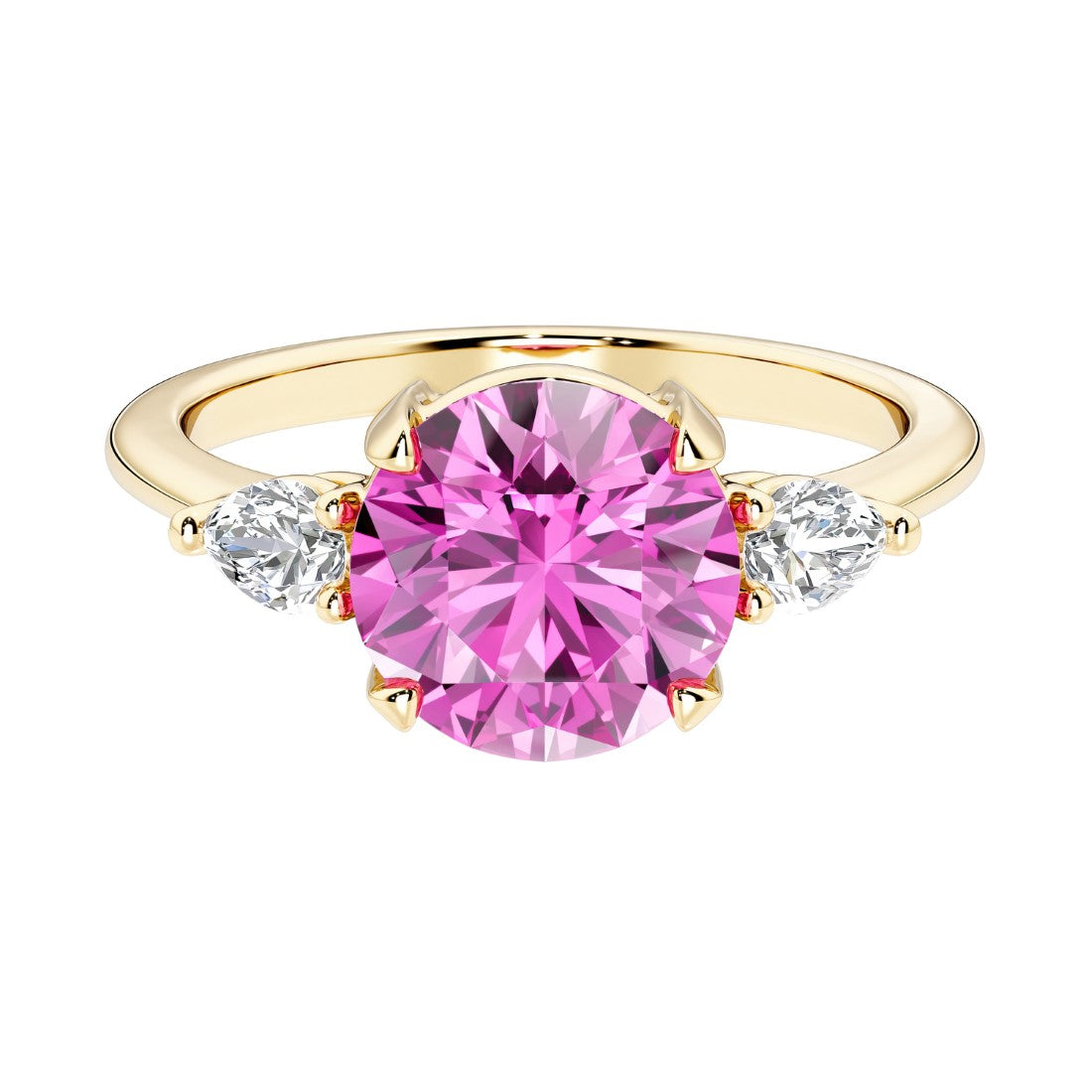 A 14k yellow gold three stone round engagement ring with a brilliant round pink sapphire center diamond and two round side stones.