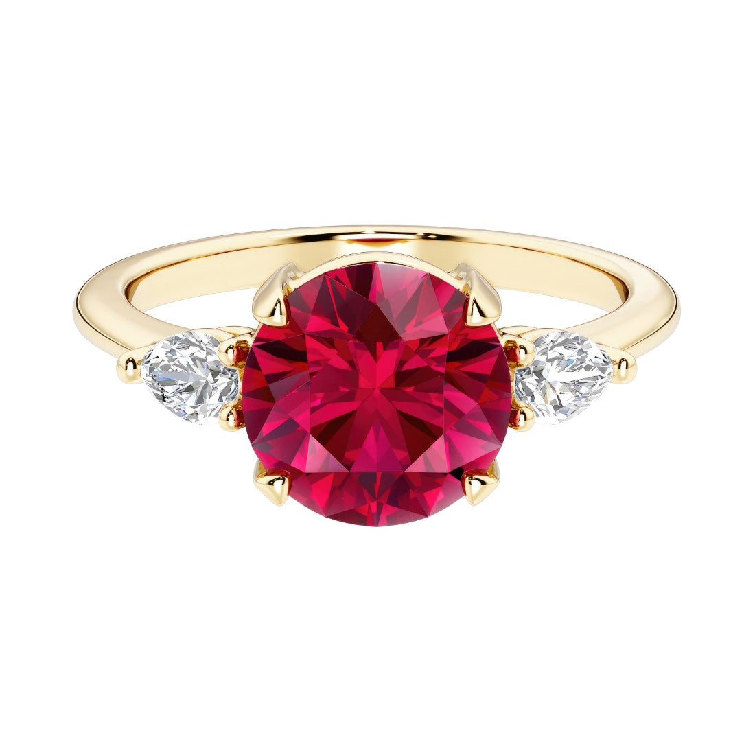 A 14k yellow gold three stone round engagement ring with a brilliant round red ruby center diamond and two round side stones.
