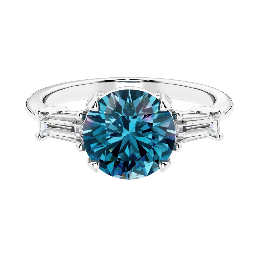 Lab diamond engagement ring in 14k white gold with round alexandrite center and two matching diamonds for timeless beauty.
