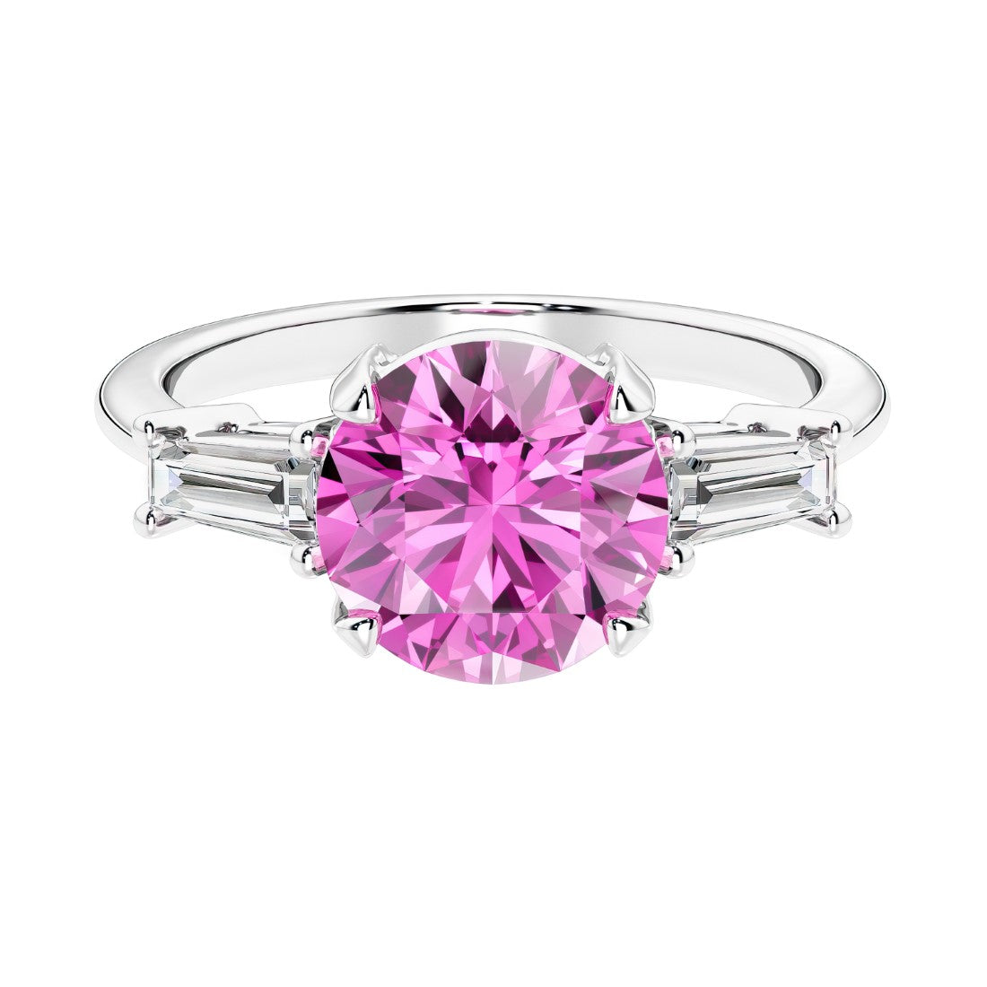 Lab diamond engagement ring in 14k white gold with round pink sapphire center and two matching diamonds for timeless beauty.