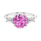 Lab diamond engagement ring in 14k white gold with round pink sapphire center and two matching diamonds for timeless beauty.