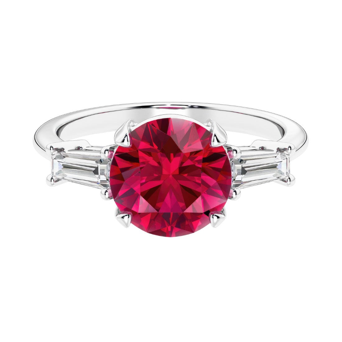 Lab diamond engagement ring in 14k white gold with round red ruby center and two matching diamonds for timeless beauty.