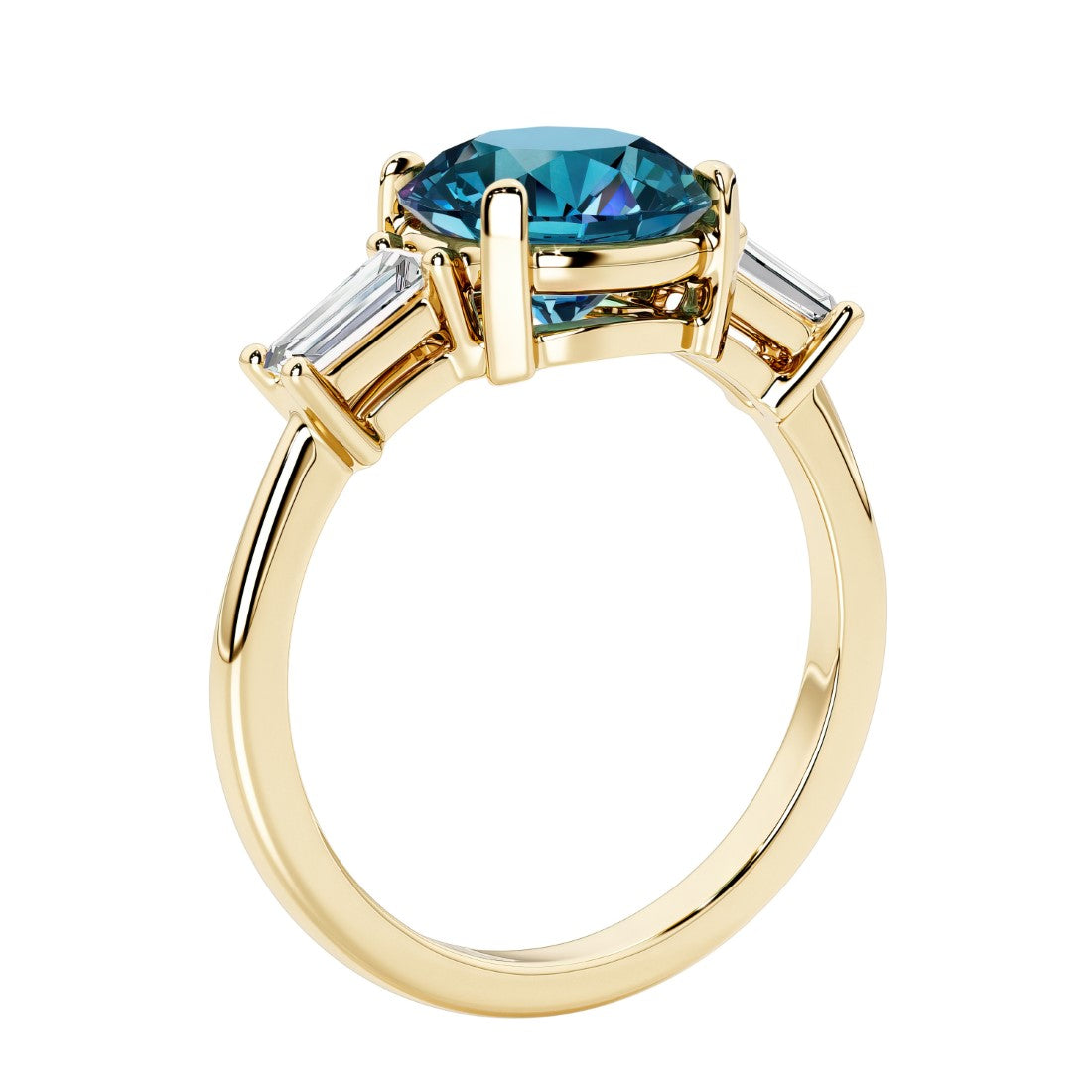 Round cut diamond ring in a 3 stone setting, one of our most loved female engagement rings.
