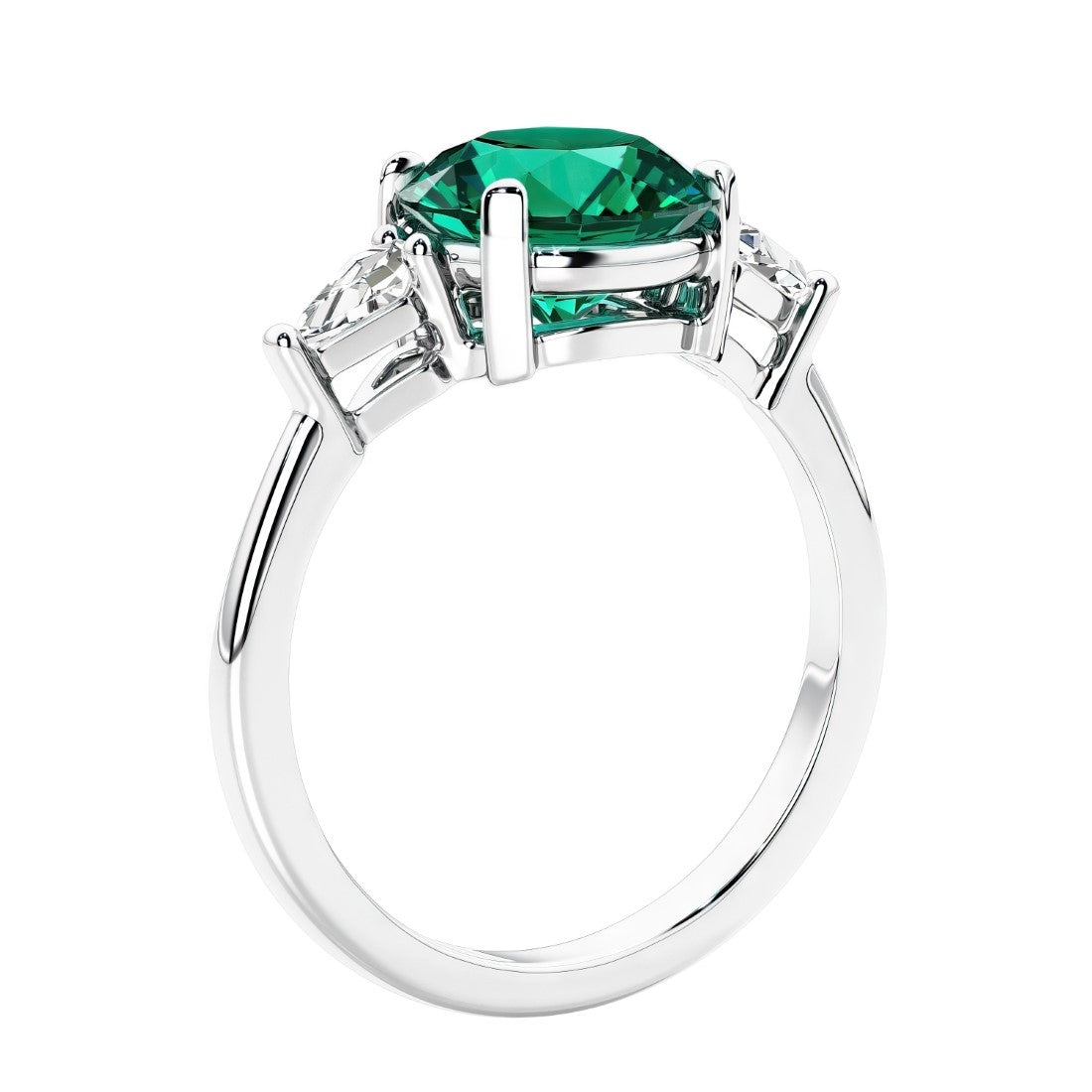 Round emerald 3 stone engagement ring in white gold—a refined and popular choice among lab grown engagement rings.