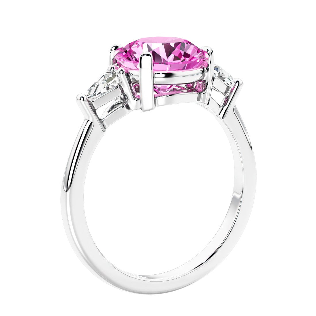 Round pink diamond lookalike pink sapphire 3 stone engagement ring in white gold—a refined and popular choice among lab grown engagement rings.