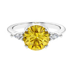 Custom fancy yellow diamond alternative yellow sapphire round cut 3 stone engagement ring in 14k gold, perfect for modern brides.