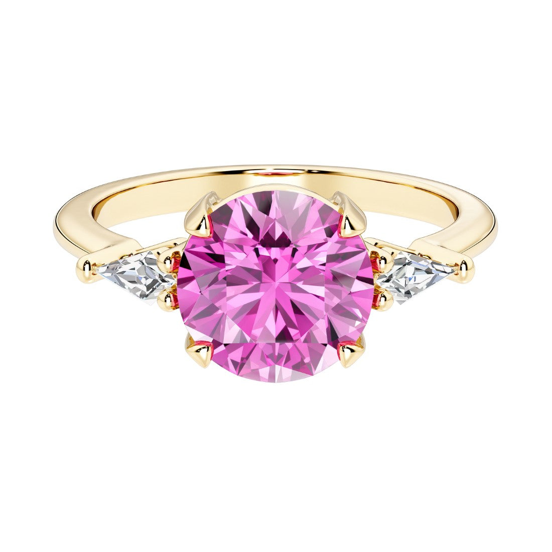 Handcrafted round center pink diamond lookalike pink sapphire engagement ring with sparkling diamond sides.