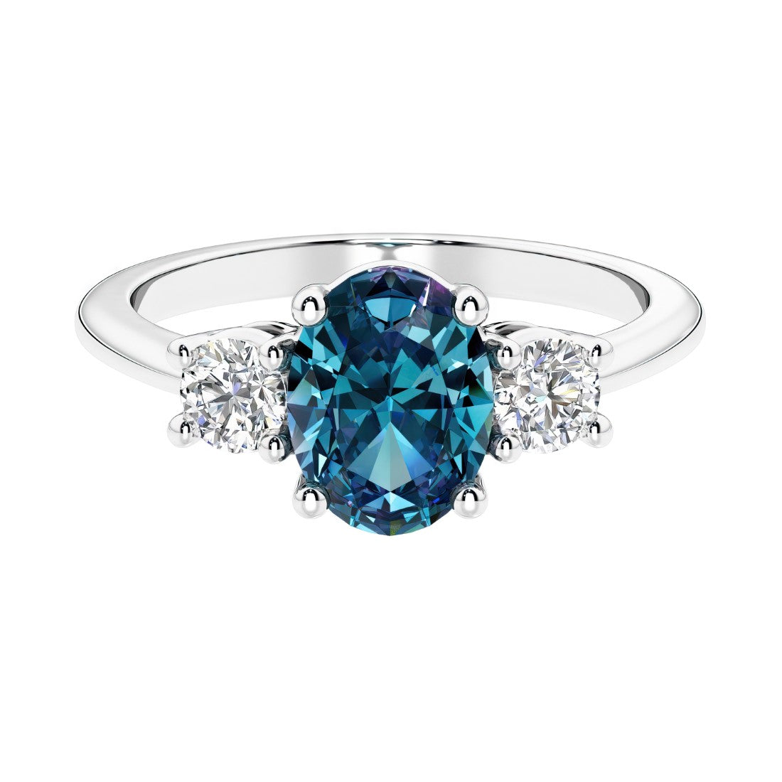 Three stone oval cut real alexandrite and diamond ring in classic design.