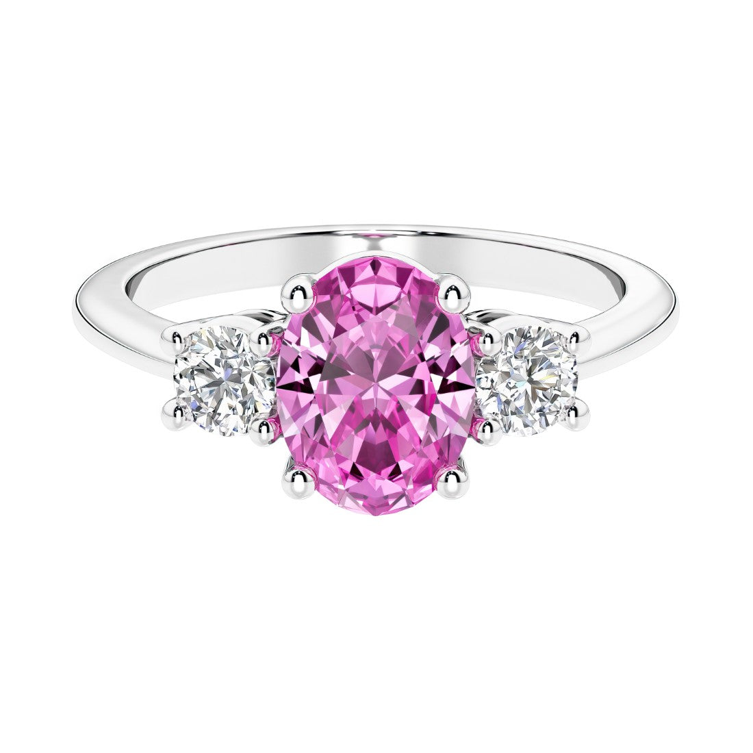 Three stone oval cut real pink sapphire and diamond ring in classic design.