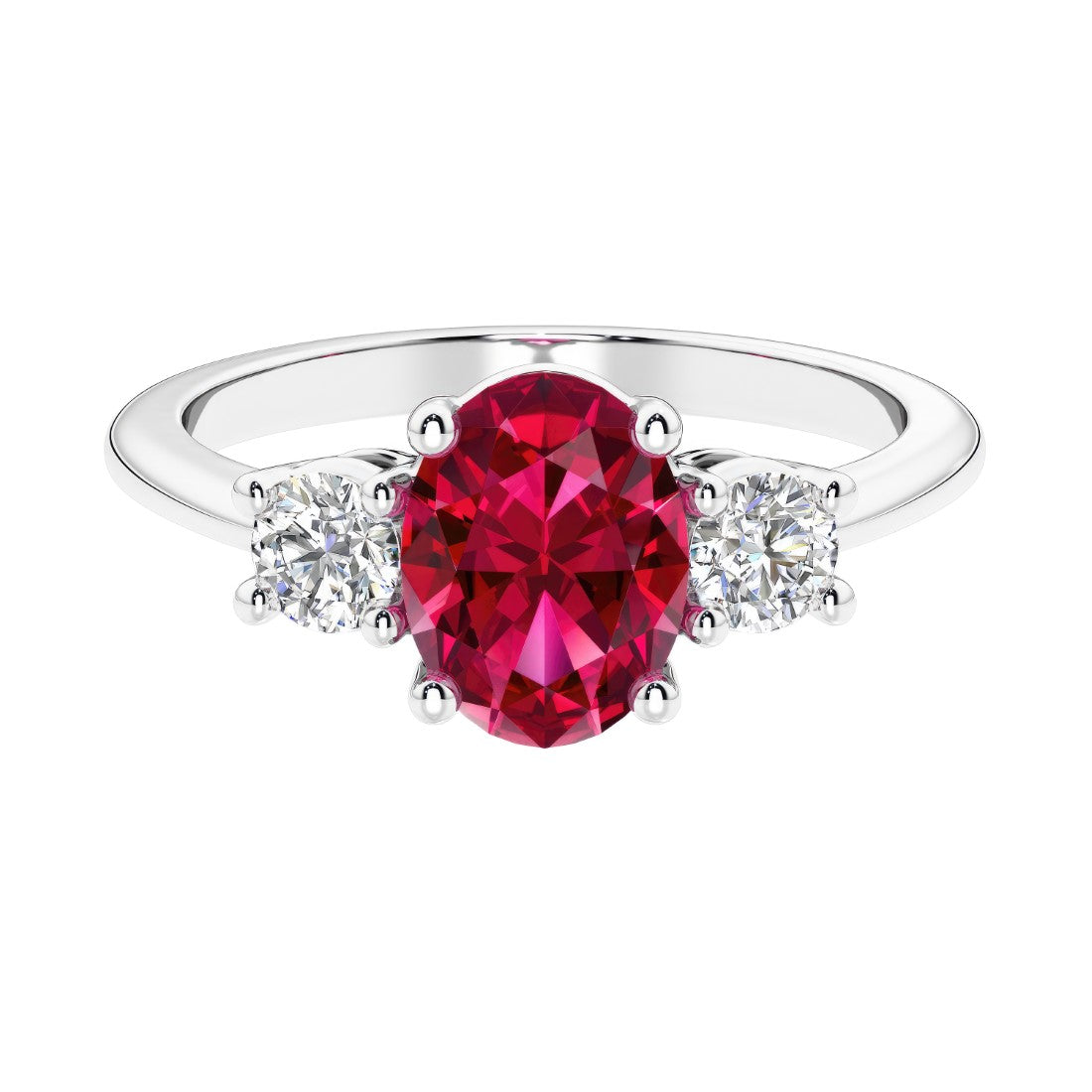 Three stone oval cut real ruby and diamond ring in classic design.