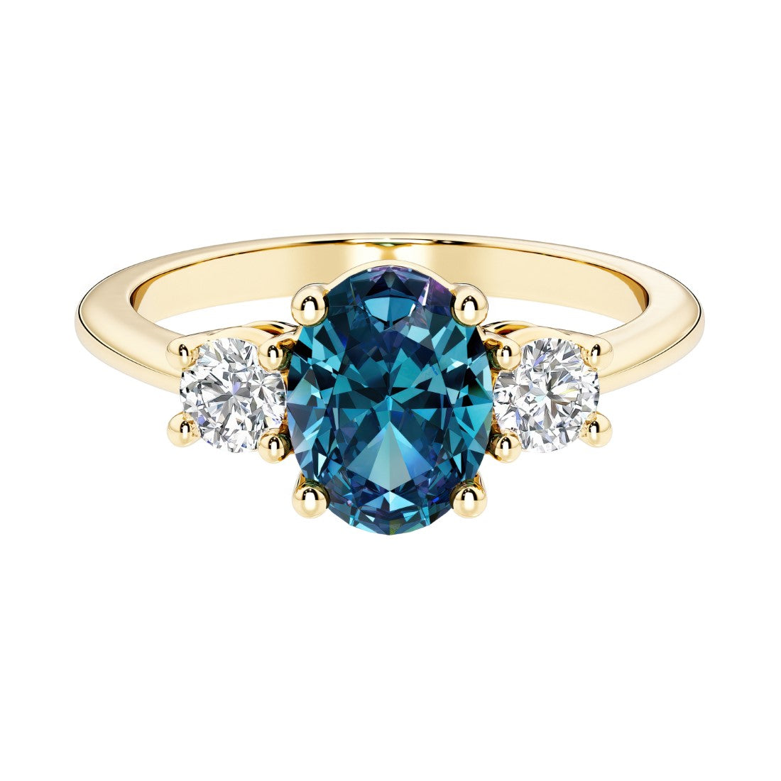 Oval 3 stone engagement ring with real alexandrite and brilliant diamond side stones.