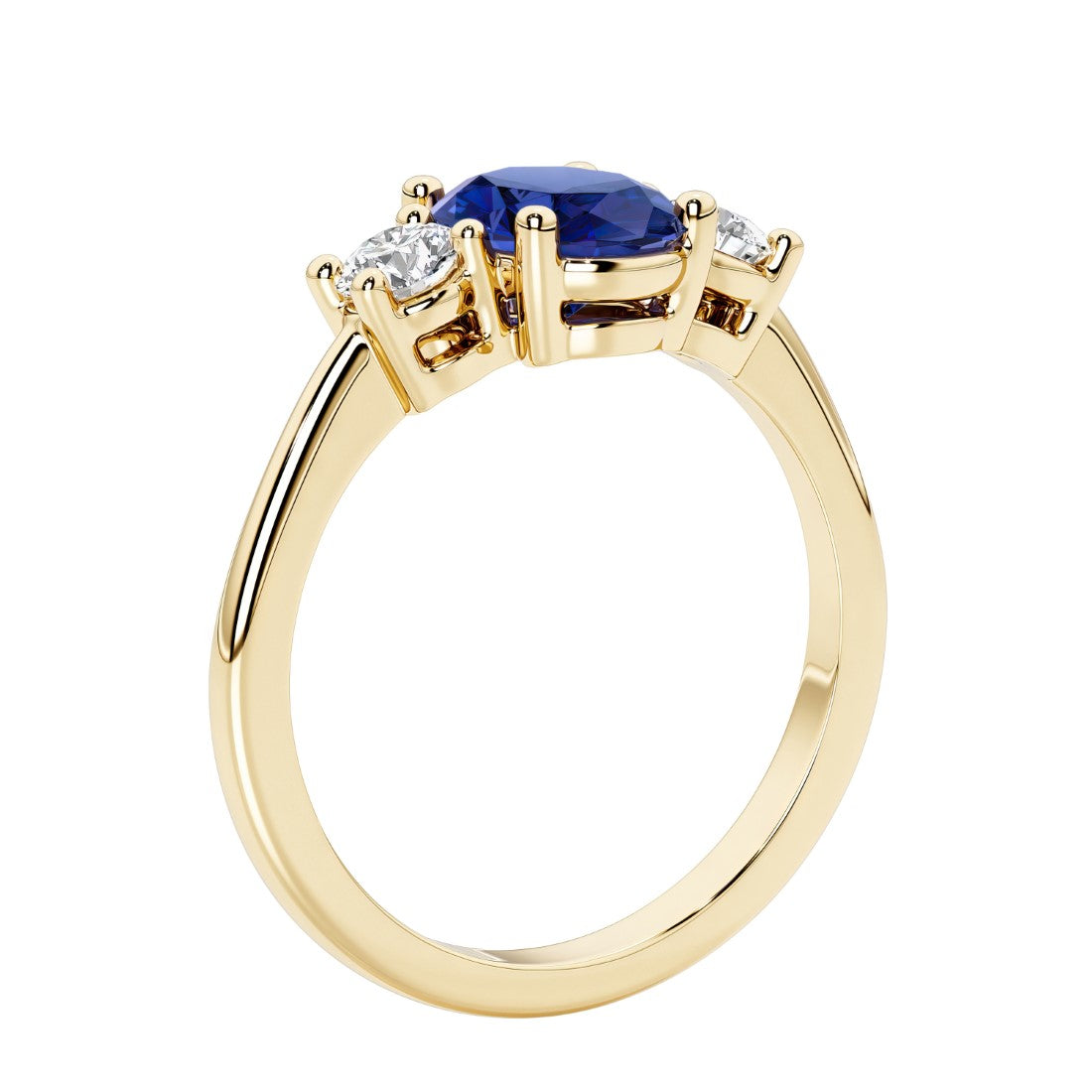 3 stone wedding ring with oval center gemstone and diamond side stones.