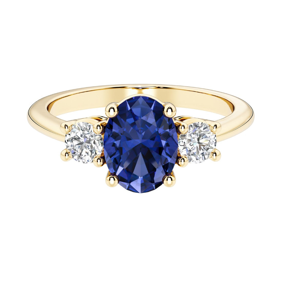 Oval 3 stone engagement ring with blue sapphire and brilliant diamond side stones.