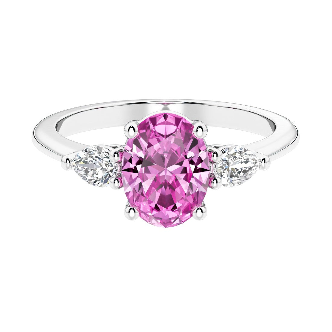 Three stone oval and pear shaped real pink sapphire, a pink diamond ring alternative, and diamond ring in classic design.