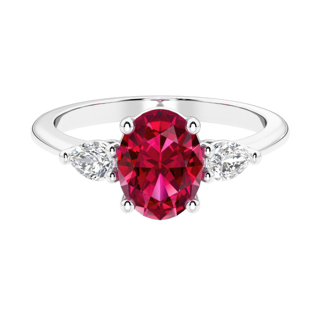Three stone oval and pear shaped real red ruby and diamond ring in classic design.